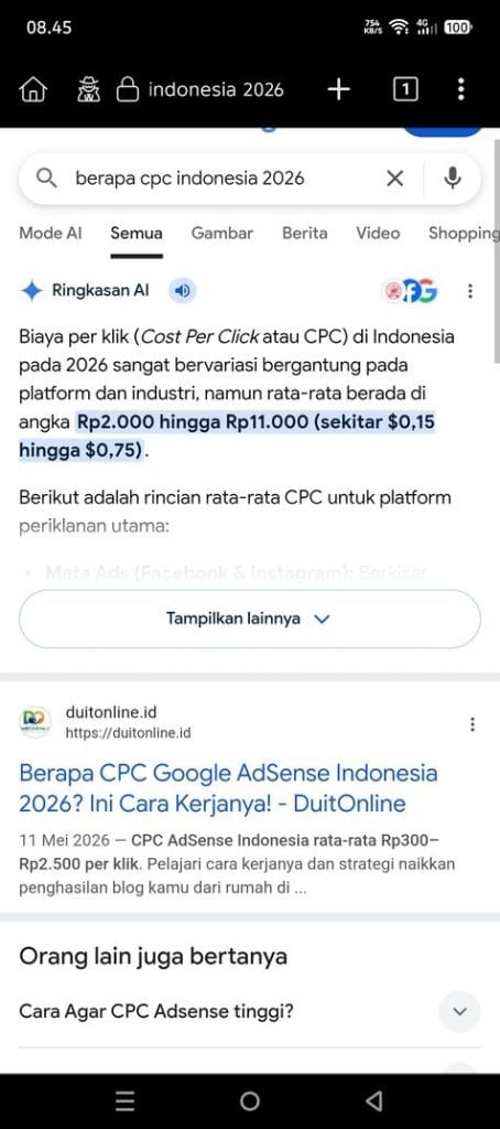 DuitOnline ranking 1 Google untuk keyword berapa CPC Indonesia 2026 - bukti cara blog baru ranking 1 Google