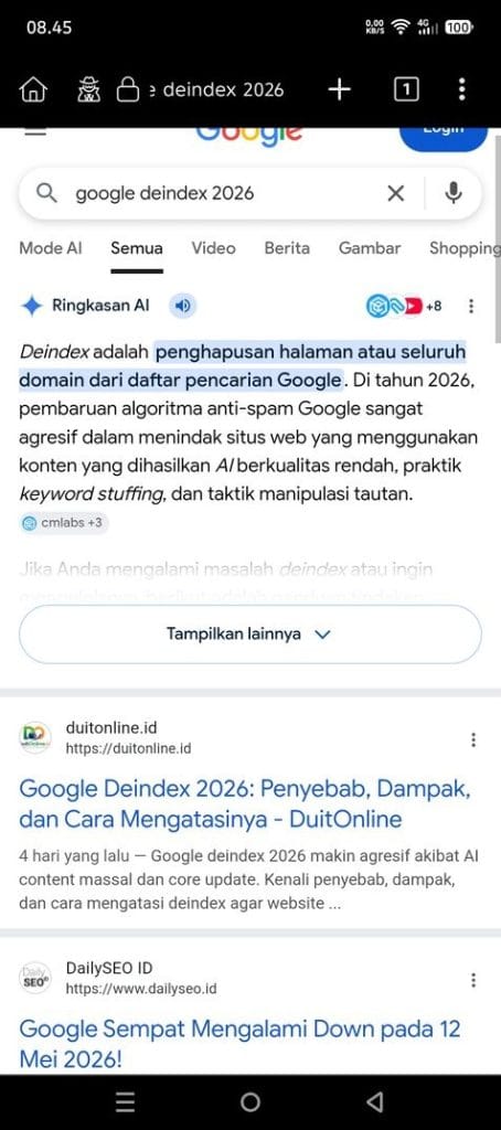 DuitOnline ranking 1 Google untuk keyword google deindex 2026 - bukti nyata cara blog baru ranking 1 Google