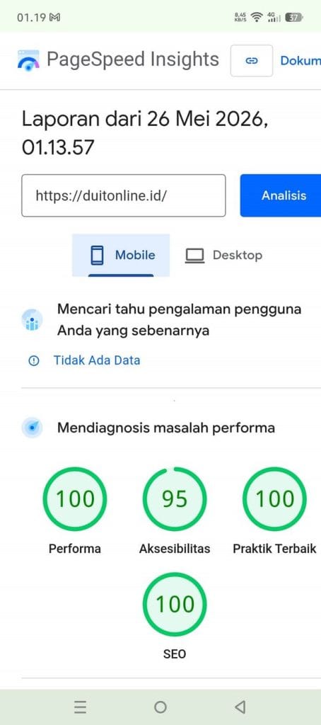 Skor PageSpeed Insights mobile DuitOnline 100 - optimasi Core Web Vitals untuk ranking Google 2026